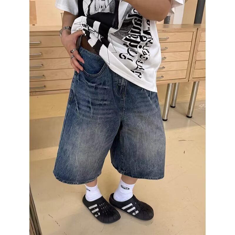 Retro Lightning Pattern Cropped Denim Shorts for Men, New Design, High-Waisted, Loose, Wide-Legged, Slim Straight Mid-Pants