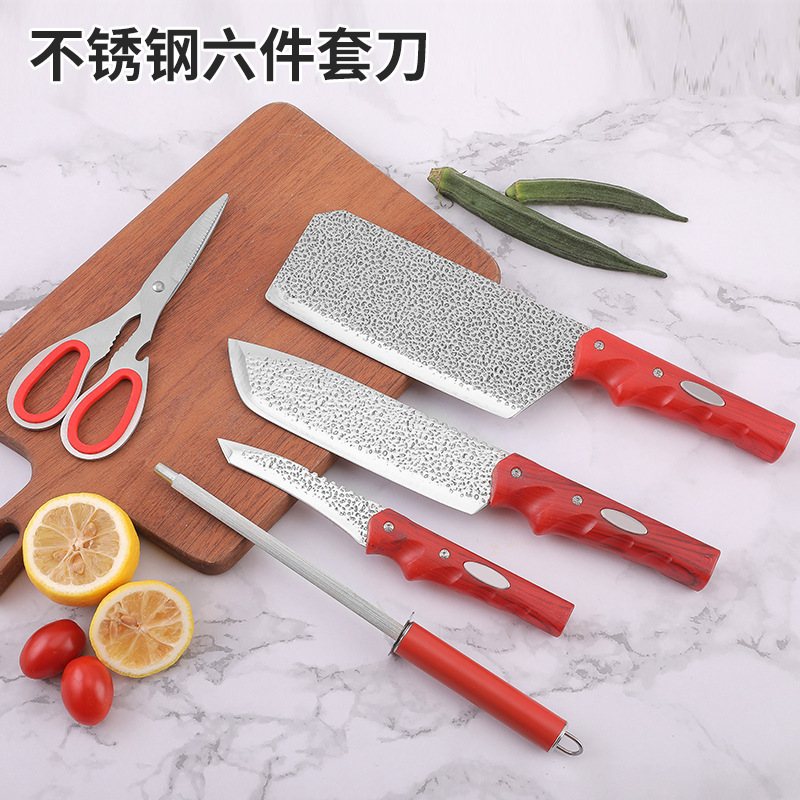 Comercio exterior venta al por mayor caliente malla roja mango cuchillo titular combinación regalo color en caja martillo de acero inoxidable patrón de seis piezas cuchillo conjunto