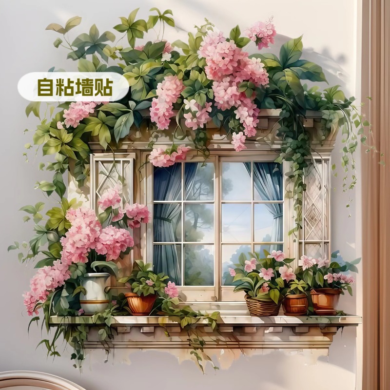 Creative fake window flower potted garden window self-adhesive wall stickers girl style room living room background wall decoration stickers