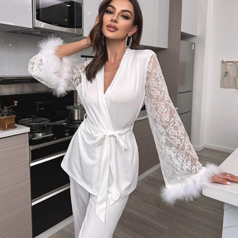294g Weight Long Sleeve Sleeve Length Nightgown Lingerie Type Home Women's Elegant Flower Polyester Milk Fiber Raw Hem Lace Pants Sets Pajama Sets