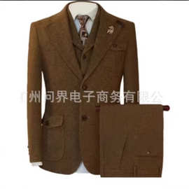 新款人字纹西服套装粗花呢三件套英式复古男西装西服修身休闲西装