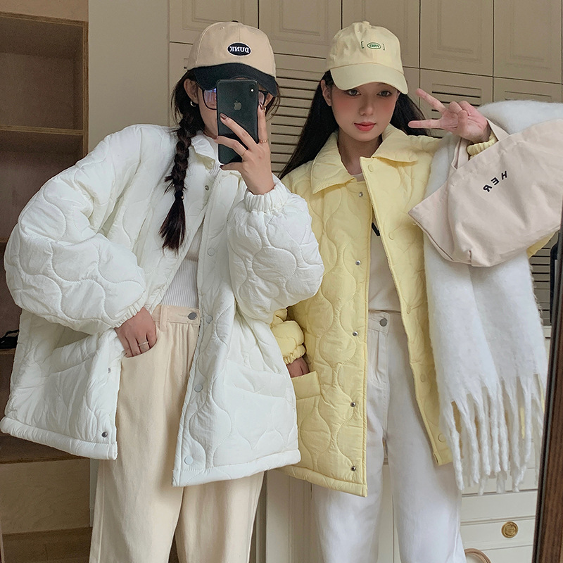 菱格棉服女2023新款韩版冬装复古大码外套面包服宽松内底羊羔毛女