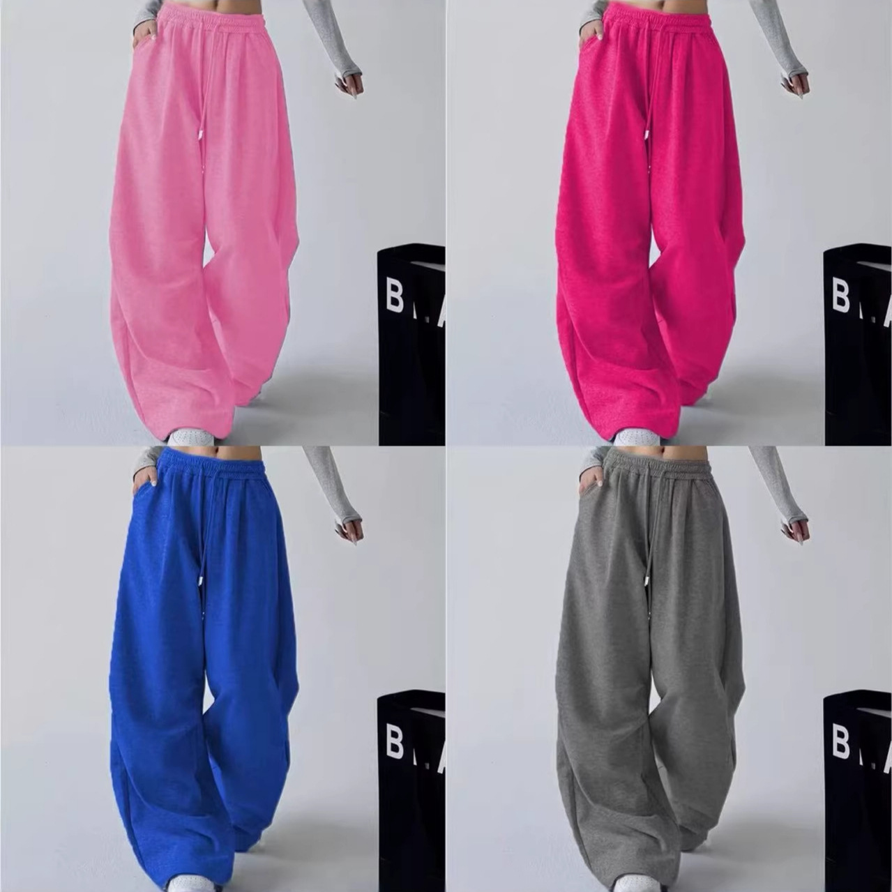 跨境秋冬新款男女同款纯色抓绒卫裤高腰松紧抽绳阔腿运动长裤