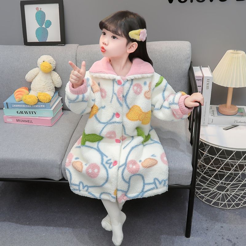 女童睡袍秋冬季女孩宝宝珊瑚绒儿童睡衣法兰绒秋款睡裙家居服浴袍|undefined