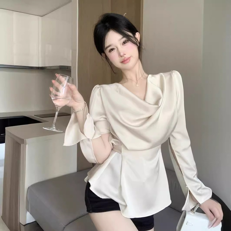 Silk Satin Elegant Long-sleeved Shirt Women's Spring Design Sense Swing Collar Lace-up Shirt Light Mature French Style Pinch Waist Top