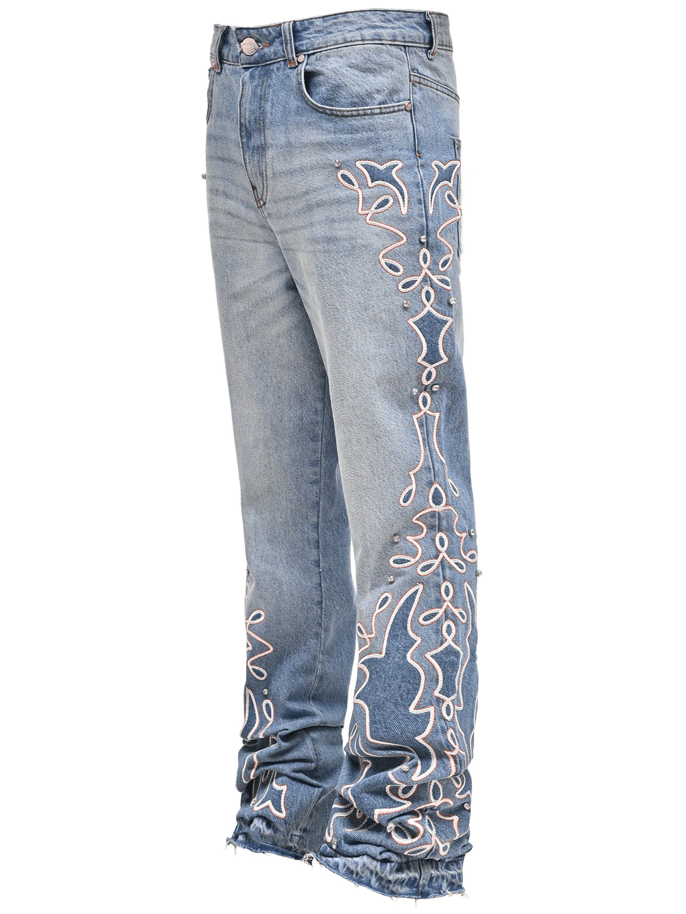 Pantalones de Mezclilla Rectos para Hombre de Algodón con Pedrería para Uso Casual