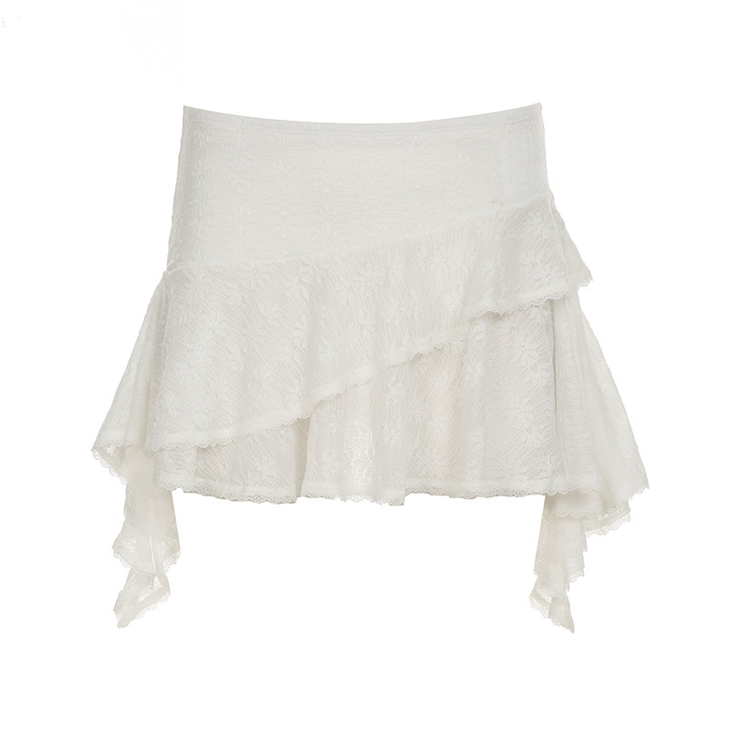 甘いバレエ風の不規則なハスの葉の縁の2層のレースの短いスカートの少女感の小さい衆の低い腰の百合のハーフスカート|undefined
