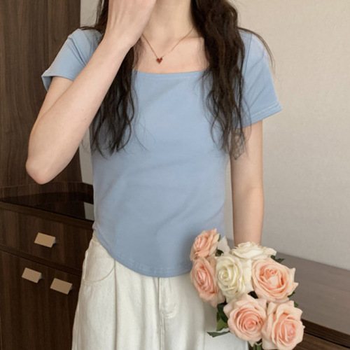New South Korean Version Short Sleeve Square Collar T-shirt for Women, South Korean Version Slim Design, Unique Bottom Shirt Top