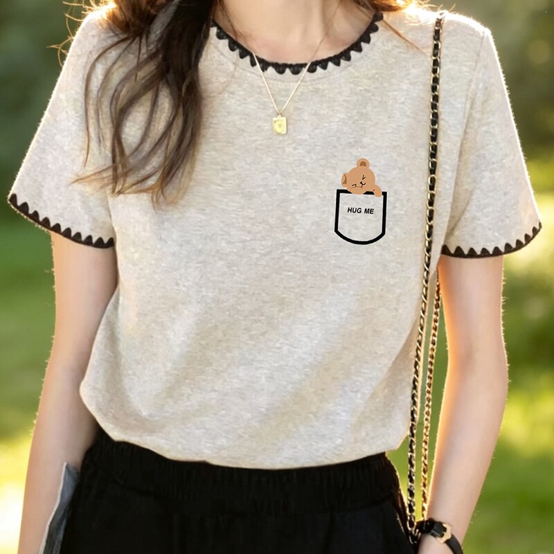 Fashion Cotton Color-Block Short-Sleeve T-Shirt for Women, 2026 Summer Korean Style, Regular Shoulder, Round Neck, Spliced Lace Short-Sleeve T-Shirt Top Fashion Cotton Color-Block Short-Sleeve T-Shirt for Women, 2026 Summer Korean Style, Regular Shoulder, Round Neck, Spliced Lace Short-Sleeve T-Shirt Top