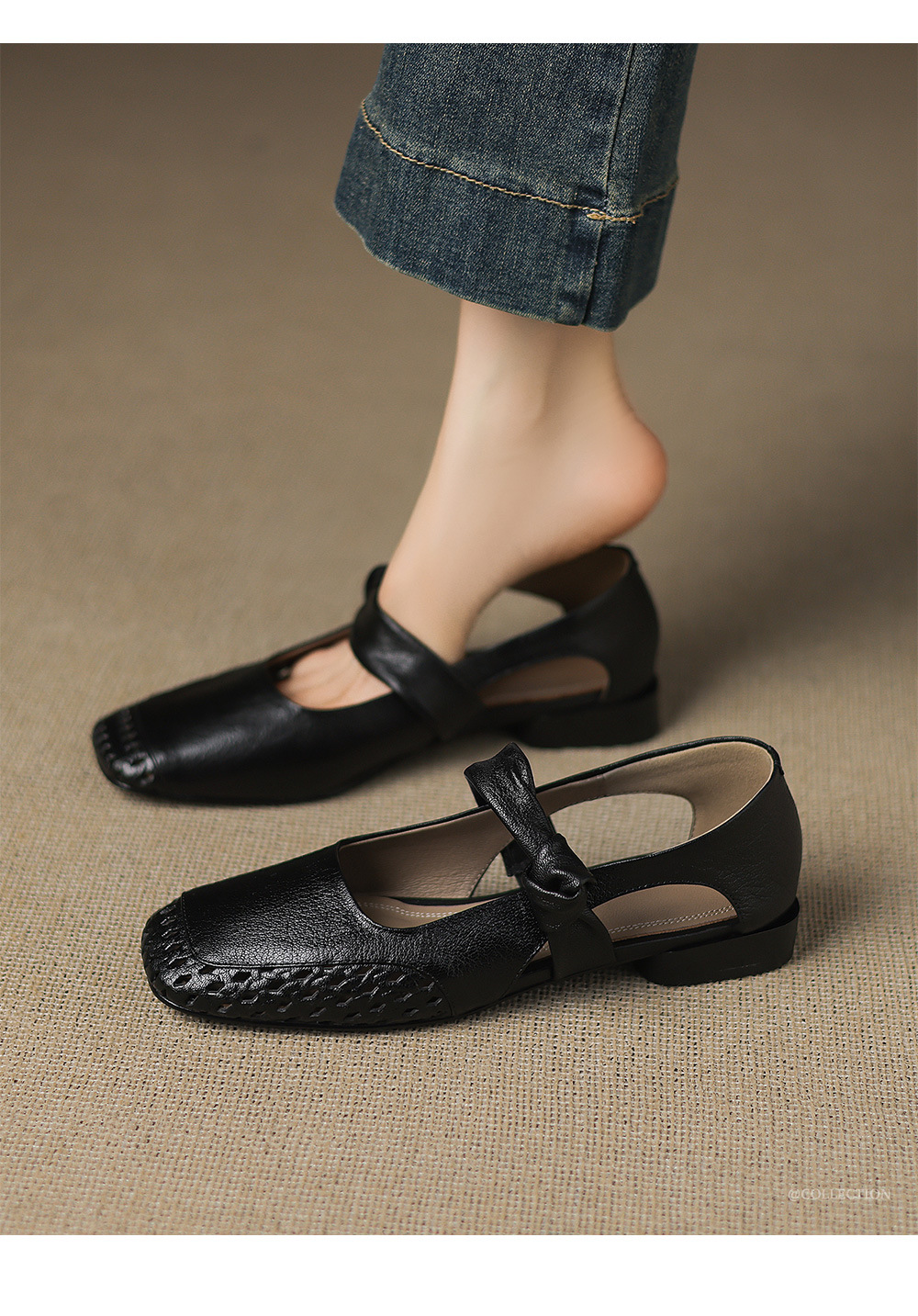 Sandal nữ mũi nhọn da dê đục lỗ gót thấp 2 cm, miệng nông hở mũi — đen chi tiết 3