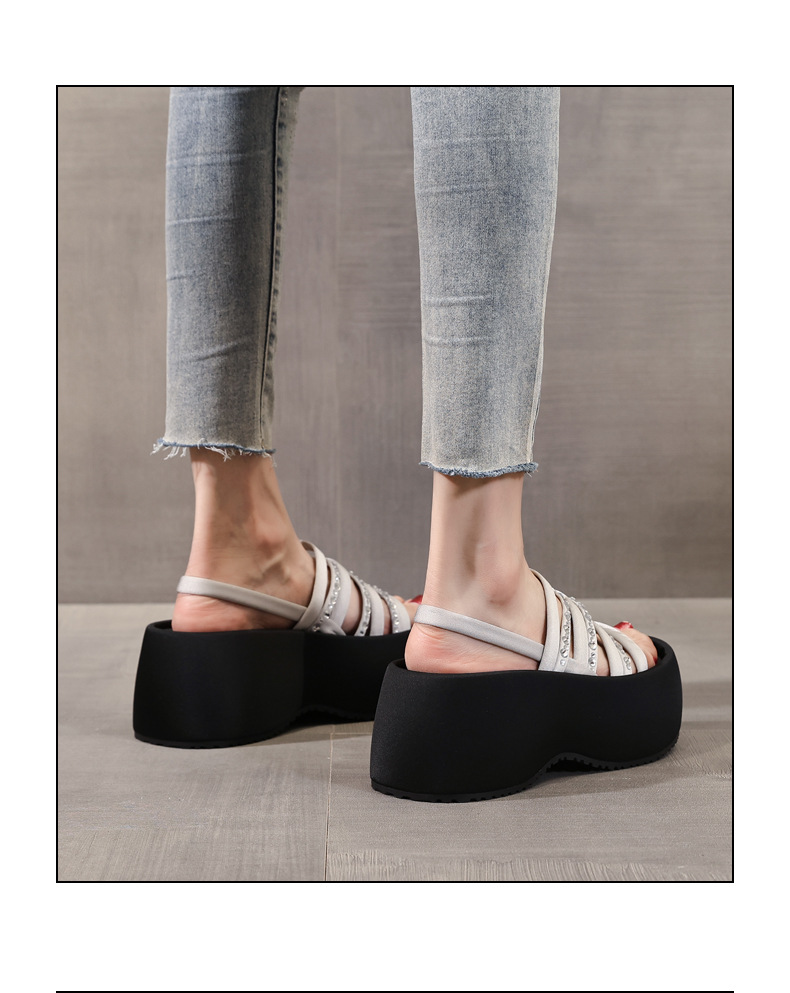 Sandal cao gót nữ hở mũi đính đá pha lê đế bánh xốp độn dày mùa hè 2025 — Màu đen, Màu bạc chi tiết 16
