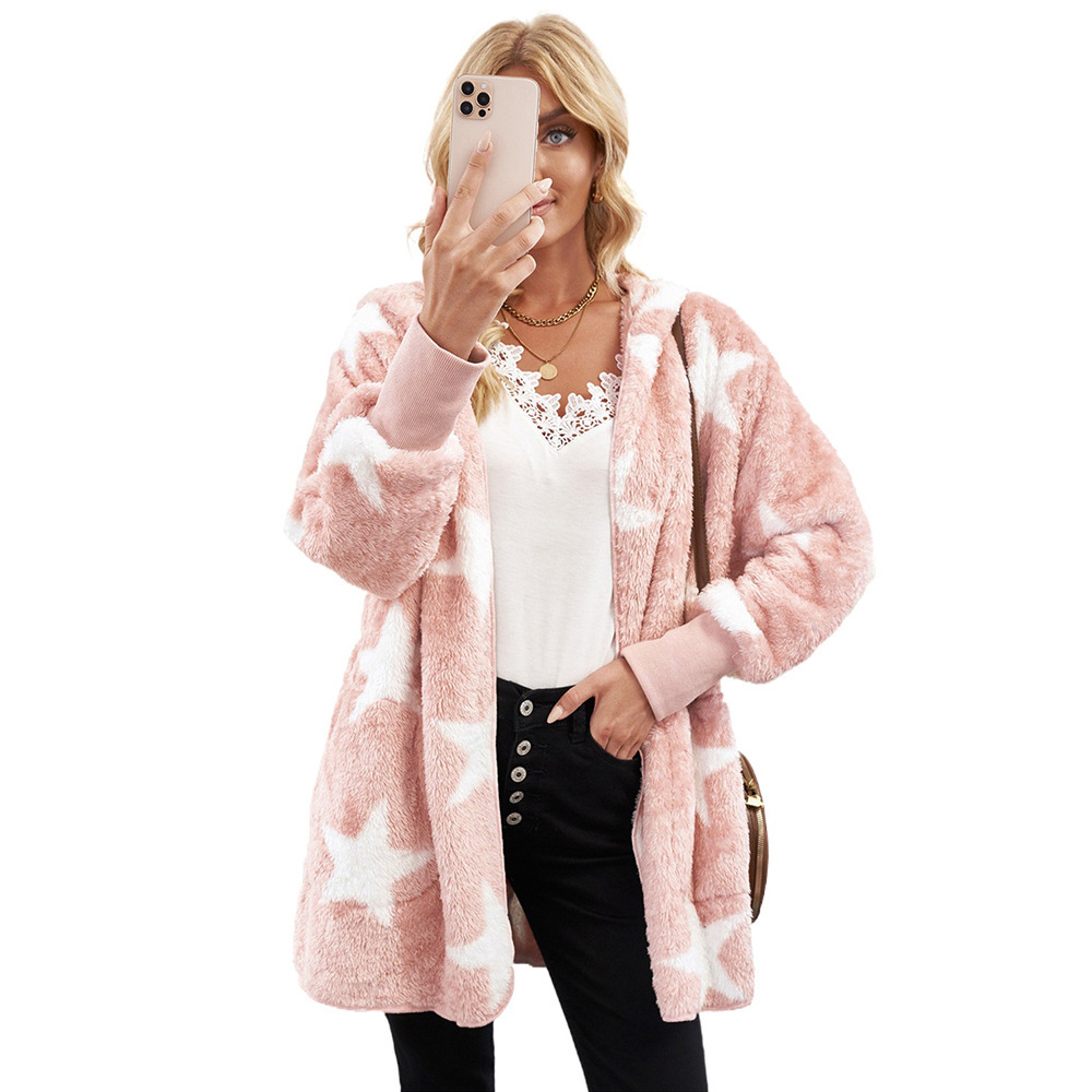 時(shí)穎歐美毛衣女冬季新款連帽長(zhǎng)袖保暖毛絨開衫跨境大碼毛呢外套女