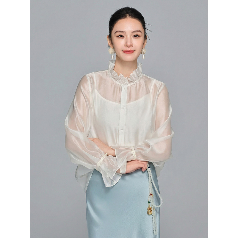 【Zhīhé Táng】New Chinese-Style National Fashion Soft Gauze Round-Neck Ruffled Long-Sleeve Blouse for Women, High-End Versatile Top 【Zhīhé Táng】New Chinese-Style National Fashion Soft Gauze Round-Neck Ruffled Long-Sleeve Blouse for Women, High-End Versatile Top