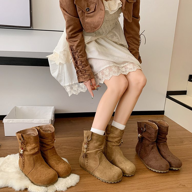 复古民族挂件马丁靴小短靴女2025秋冬套筒圆头堆堆靴显瘦马丁靴女|undefined
