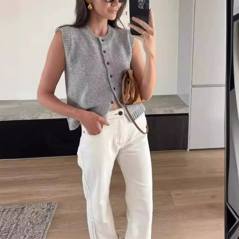 Cross-Border Knitted Vest Sweater Vest for Women Casual Maillard Style Versatile Single-Breasted Knitted Cardigan Top for Women