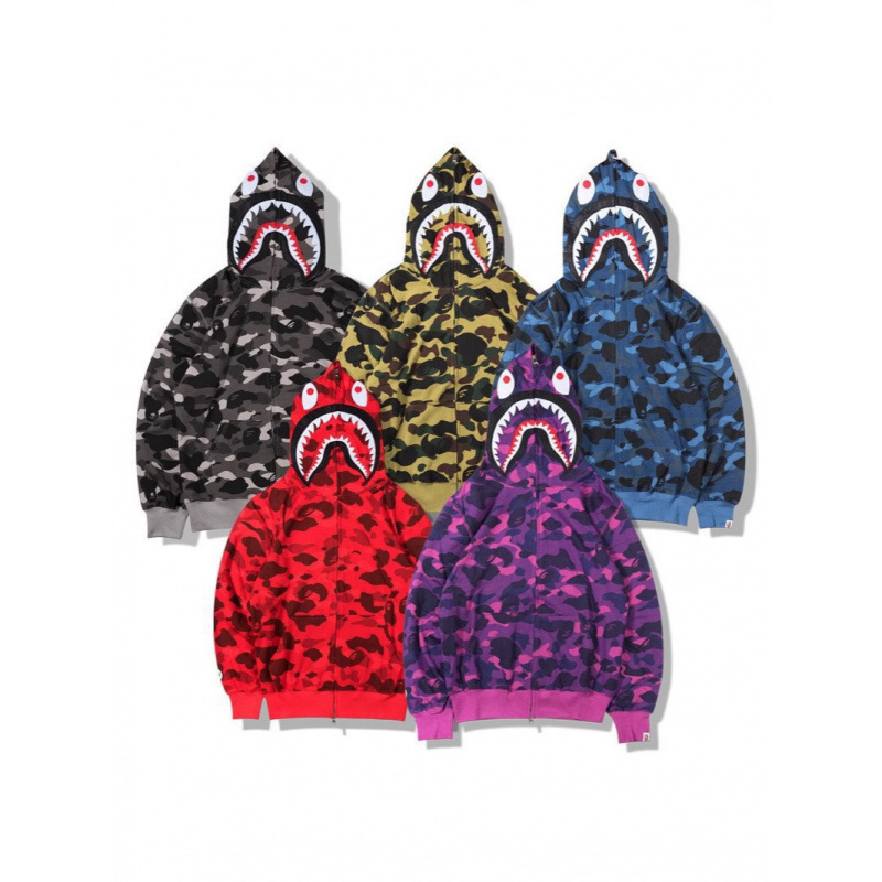 Cross-Border Amazon Trendy Brand Bape3D Digital Printing Shark Camouflage Sweatshirt Spring & Fall Zipper Hoodie Cardigan