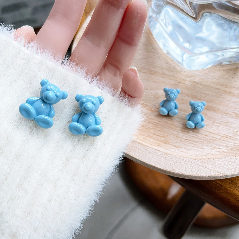 蓝色小熊耳钉甜酷少女日系可爱奶油小动物女立体耳饰品韩国个性新