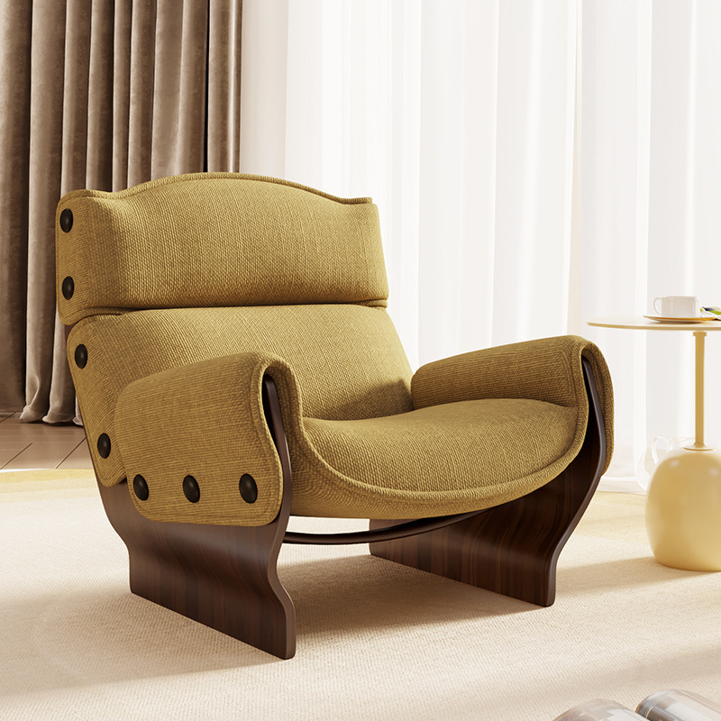 Nordic Designer Mid-Century Solid Wood Minimalist Sofa Chair for Hotel Living Room, Guesthouse, and Guest Room Fabric Lazy Sofa
