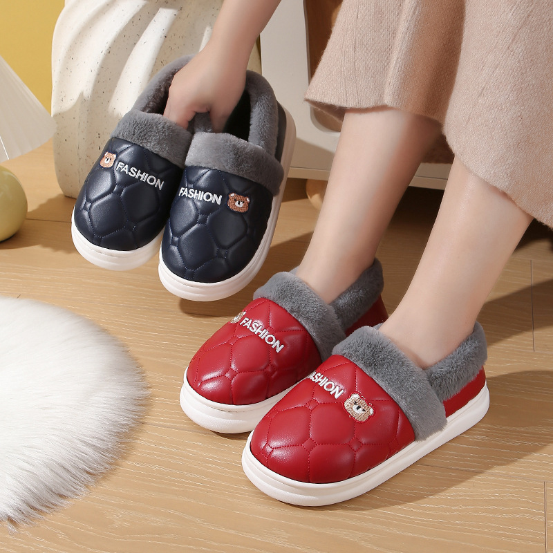3.5CM厚底、ヒール付き、綿入りスリッパ、女性用、25新作、PUレザー、防水、秋冬、産後、屋外でも履ける、男性用、毛皮スリッパ|undefined