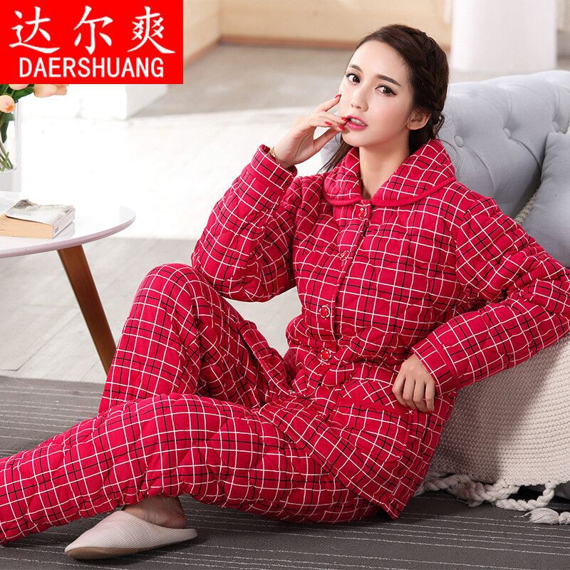 Pijamas acolchados invierno de las mujeres de doble cara 100% algodón viejo paño grueso rojo plaid engrosado cálido desgaste del hogar traje