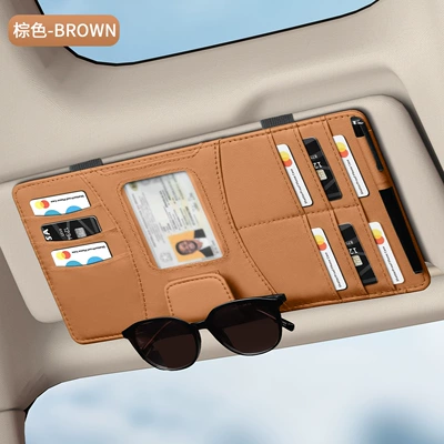 Car Sun Visor Multifunctional Storage Bag Photo Holder Document Holder Receipt Holder Glasses Holder Car Storage Card Box (Car Glasses Clip/Bill Clip) - brown