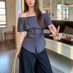 设计感一字肩藏蓝色格子衬衫女2025春夏新款大码胖mm掐腰显瘦上衣