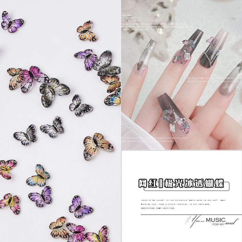 New 30 Nail Jewelry Internet Red Aurora Butterfly Multi-color Gradient Resin Three-dimensional Butterfly Nail Drill Accessories