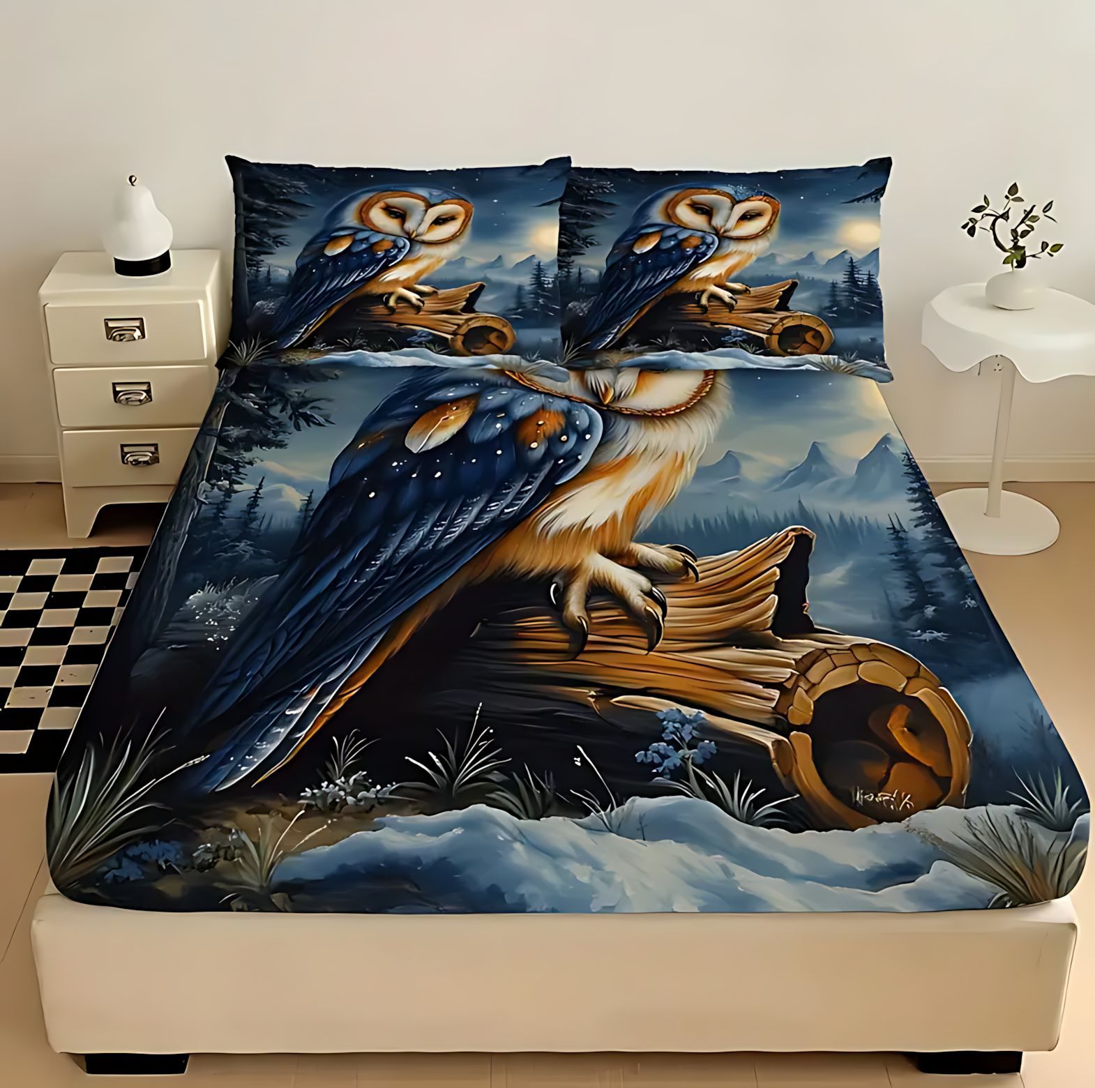 TEMU / JIT textil casero transfronterizo lindo tema búho molido 3D impresión digital cama Kasa Kit fuente fabricante