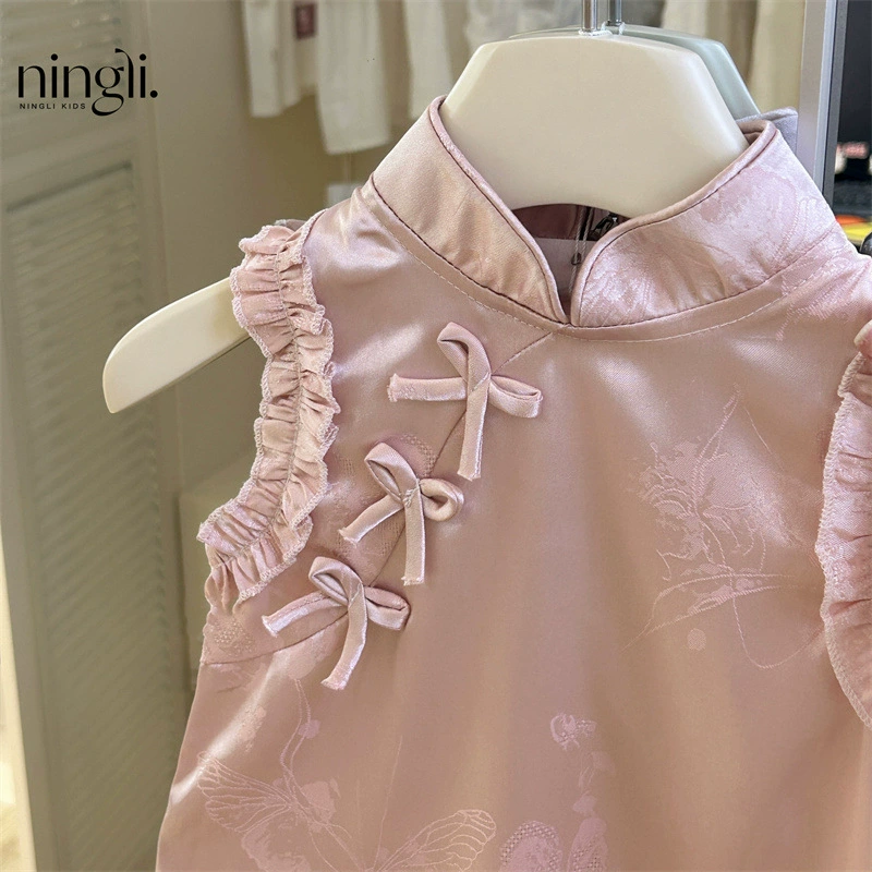 Dress (Ningli) Summer Cheongsam, Children's Princess Skirt, 80–130 cm, Pink & Plaid