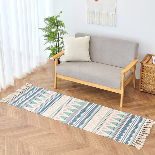 Nordic Minimalist Cotton Linen Geometric Entry Mat Living Room Sofa Coffee Table Bedroom Bedside Long Carpet Multifunctional Fringe Foot Mat