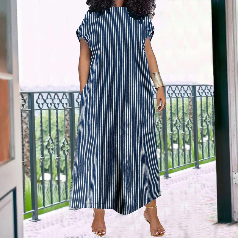 Plus Size Women's Clothing Denim Long Dress Sleeveless Round Neck Striped Pattern_ecoleips.com