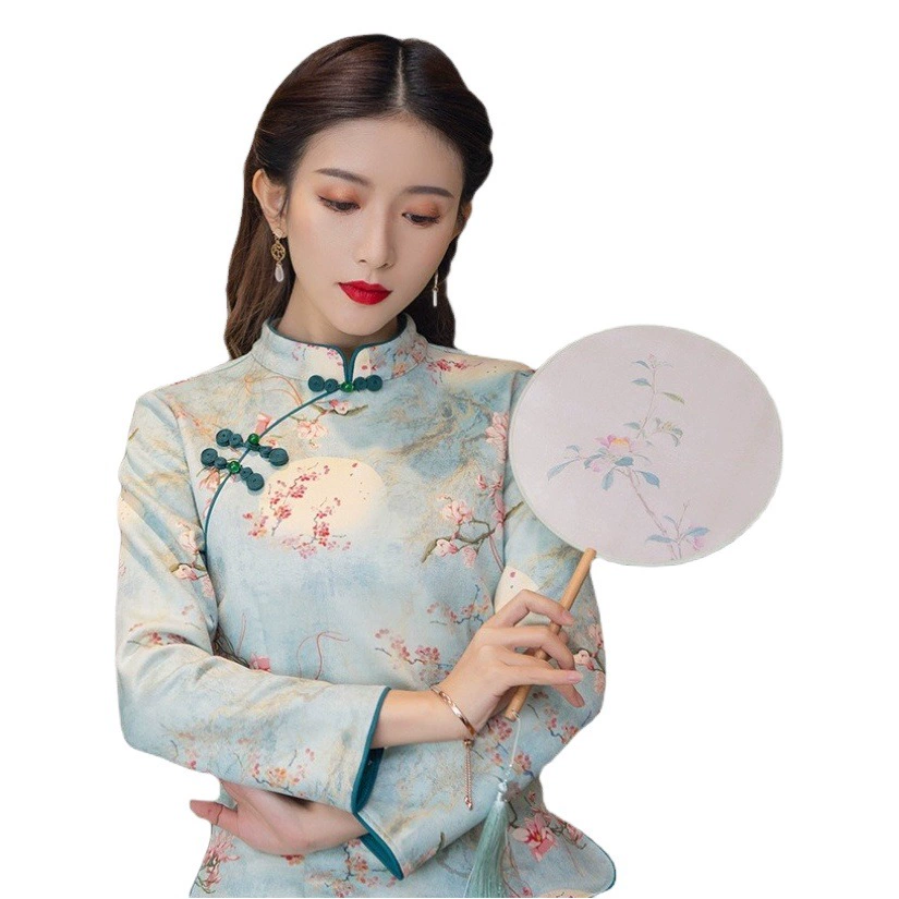 Ретро китайский стиль стройнящий элегантный Улучшенный короткий Чонсам осень и зима Новый китайский стиль Повседневный костюм Тан с пряжкой для женщин