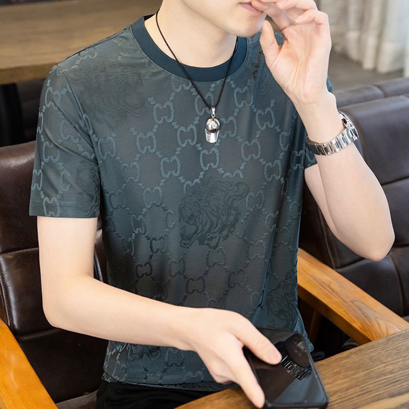 Joven seda de hielo nueva moda camiseta de base de manga corta tendencia de verano delgada camiseta de cuello redondo camiseta de manga corta guapo hombre camiseta