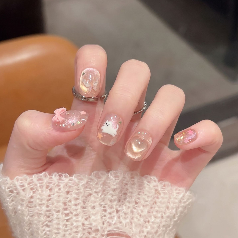 Dai Risen [Butterfly Meow] Purely Handmade Wearable Nails, Short Style, Cute Style, Cat Eye Butterfly Manicure, Hand-Painted Cat