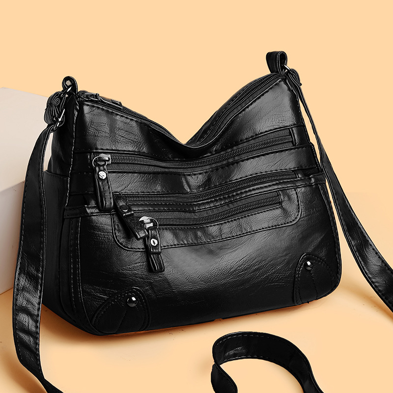 Bolsos de hombro, nuevos bolsos de piel blanda de comercio exterior femenino, moda de doble capa, bolsos de doble capa, versión coreana, bolsos de piel lavada a gran capacidad