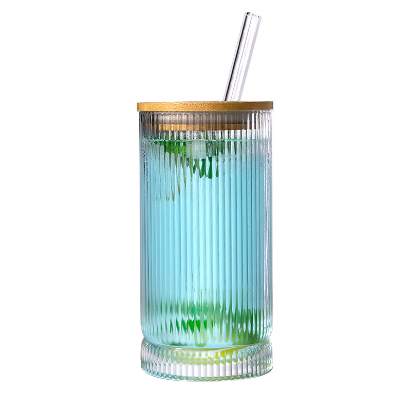 Taza de paja de vidrio vertical con cubierta de bambú taza de bebida fría taza de café doméstica de alto valor de cara en línea taza de jugo de frutas