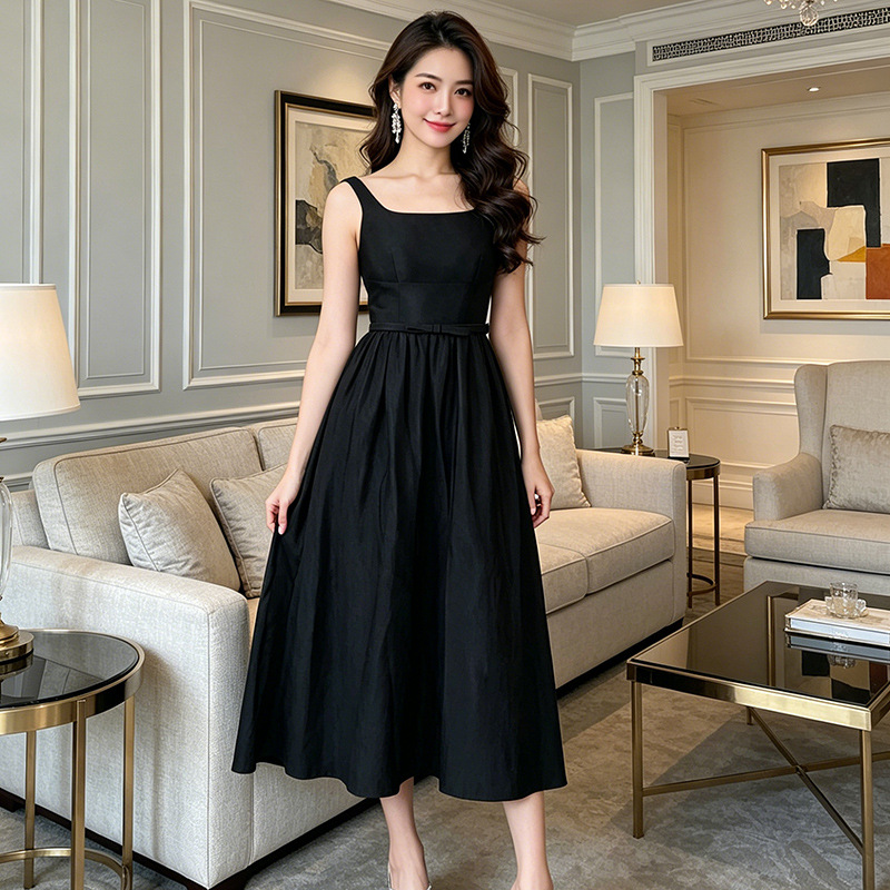 Đầm maxi nữ thắt eo dáng dài phong cách Pháp, tay dây mảnh, thiết kế ôm eo tôn dáng — đen