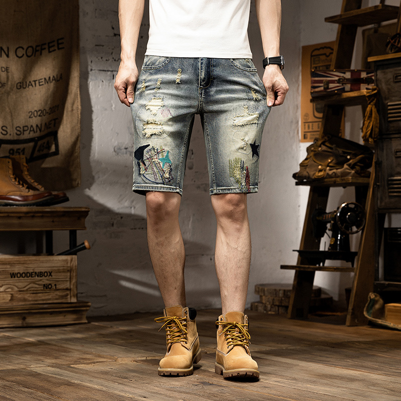 Men's Foreign Trade AliExpress Embroidered Denim Shorts Men's Rapped Five-point Pants Slim-fit Straight Pants Trendy Men's Wear