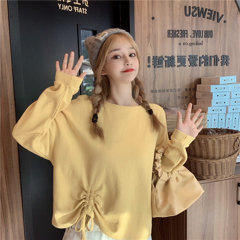 實拍春秋季新款韓版寬松圓領側抽繩長袖衛衣女薄款百搭上衣潮ins