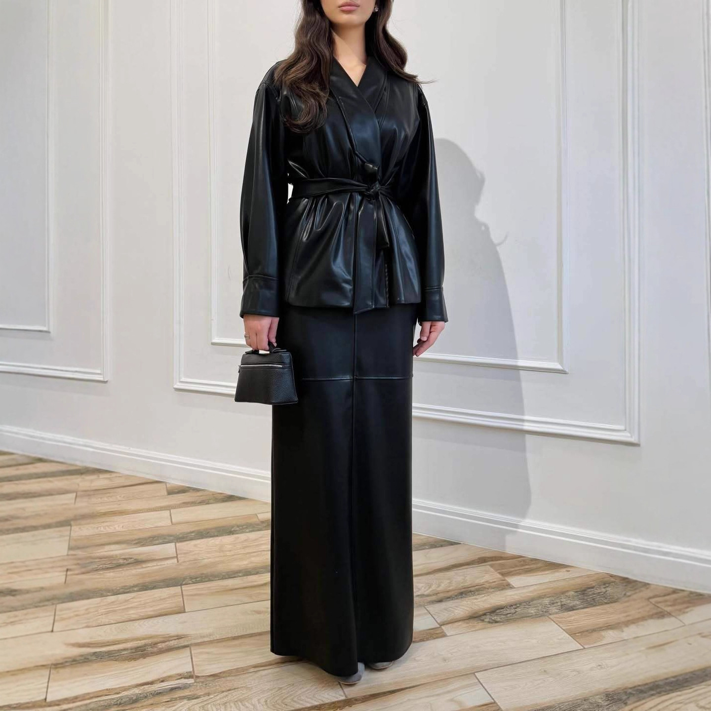 2025 Cross-Border European and American Fashion Elegant V-Neck Solid Color Retro Leather Lace-Up Jacket Sexy Bodycon Long Dress