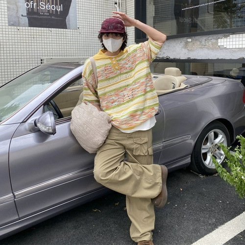 Women's Striped Gradient Lacing Polo Shirt with Vintage Short Sleeve Casual American Style Knit Collar Top