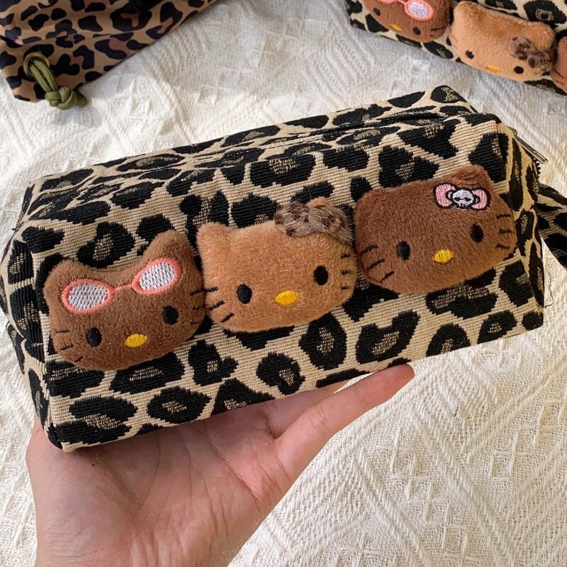 Leopard Print Kitty Cat Cosmetic Bag Cute Cosmetics Bag Portable Hello Kitty Large Capacity Handbag Women's Toiletry Bag New