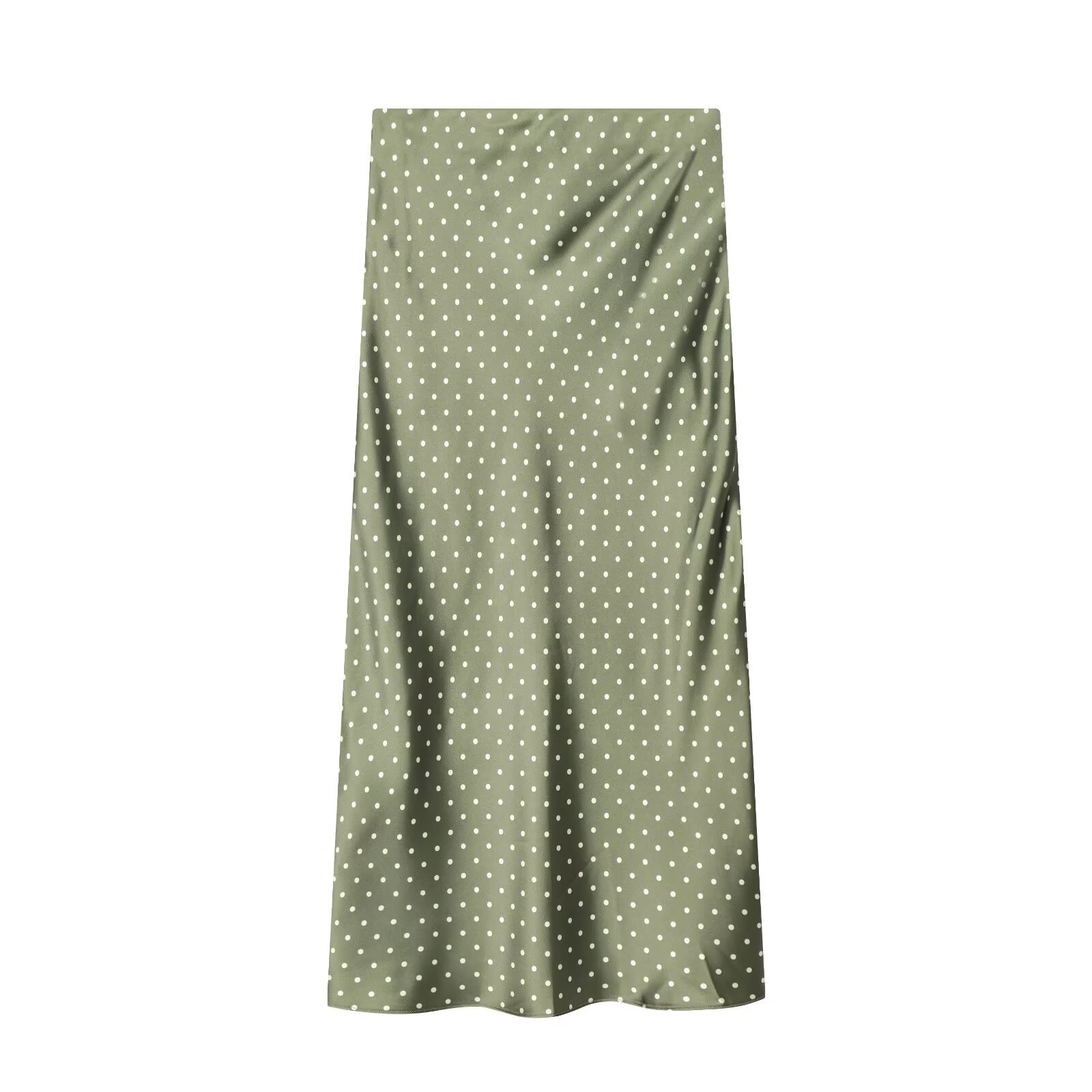 Elegant Midi Skirt With Satin Feel & Polka Dot Pattern For Women, Office To Evening Wear, Black Green White Slate Blue_ecoleips.com