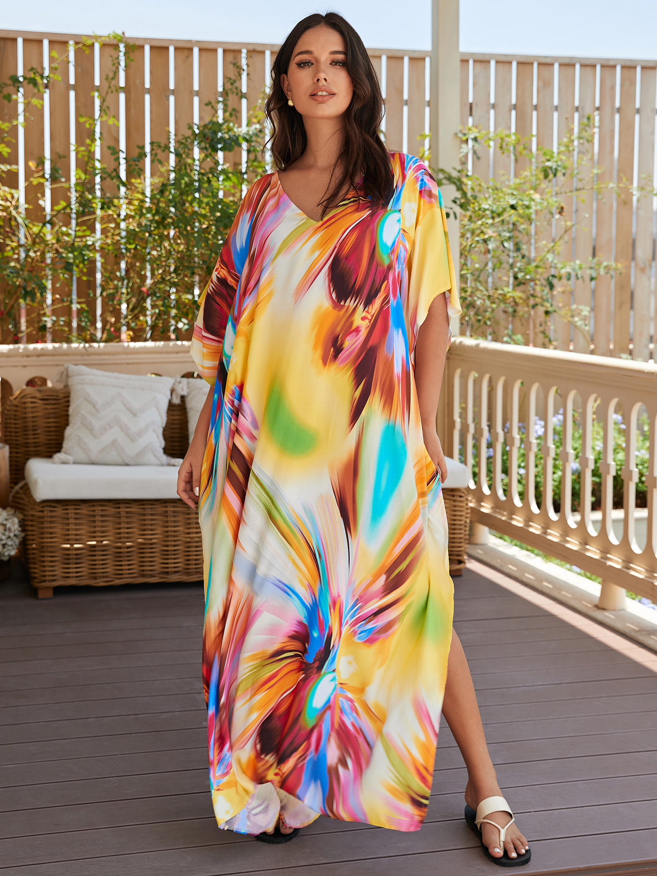 Rochie de plajă lungă kimono dama boho viscoză tie-dye_voghion.com