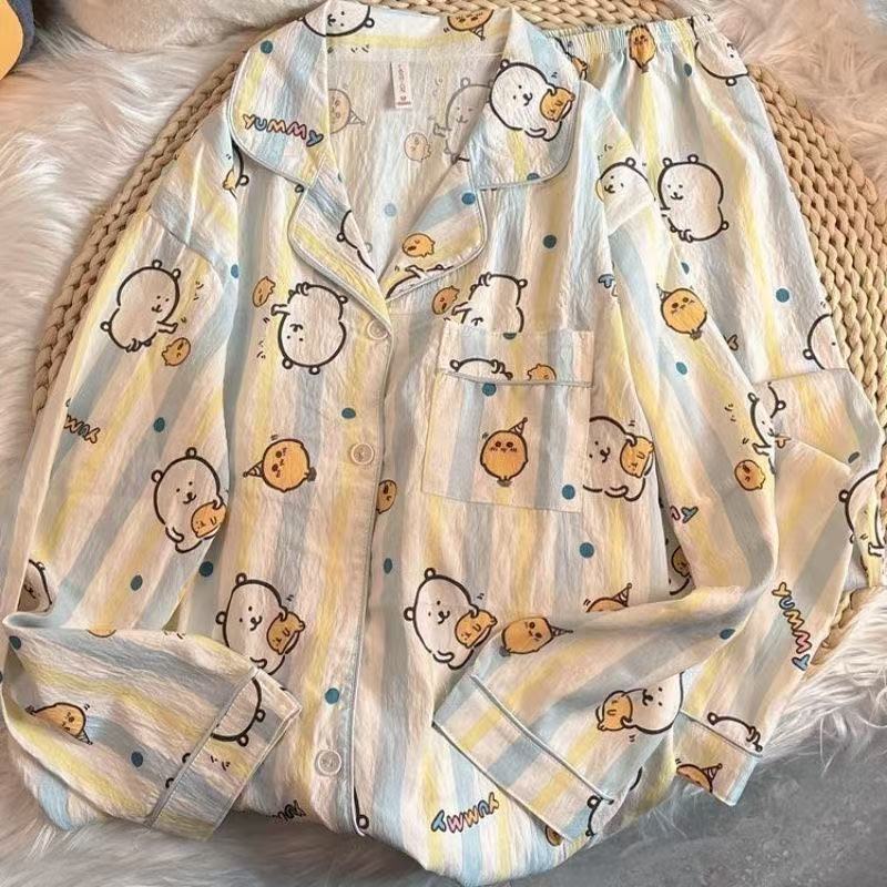 Pijamas de otoño al por mayor transfronterizos mujeres nuevas nubes de algodón de manga larga con solapa pequeña manga larga pantalones largos casuales set de ropa casera