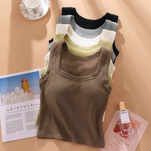 Women's knitted brushed thermal camisole with chest pad, square collar self-heating bottoming top for outer wear and inner wear wholesale
