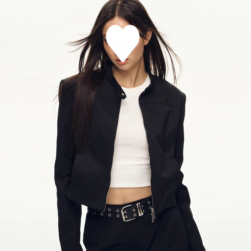 美式复古甜酷辣妹风黑色立领短款外套女春季修身显瘦夹克上衣潮|undefined