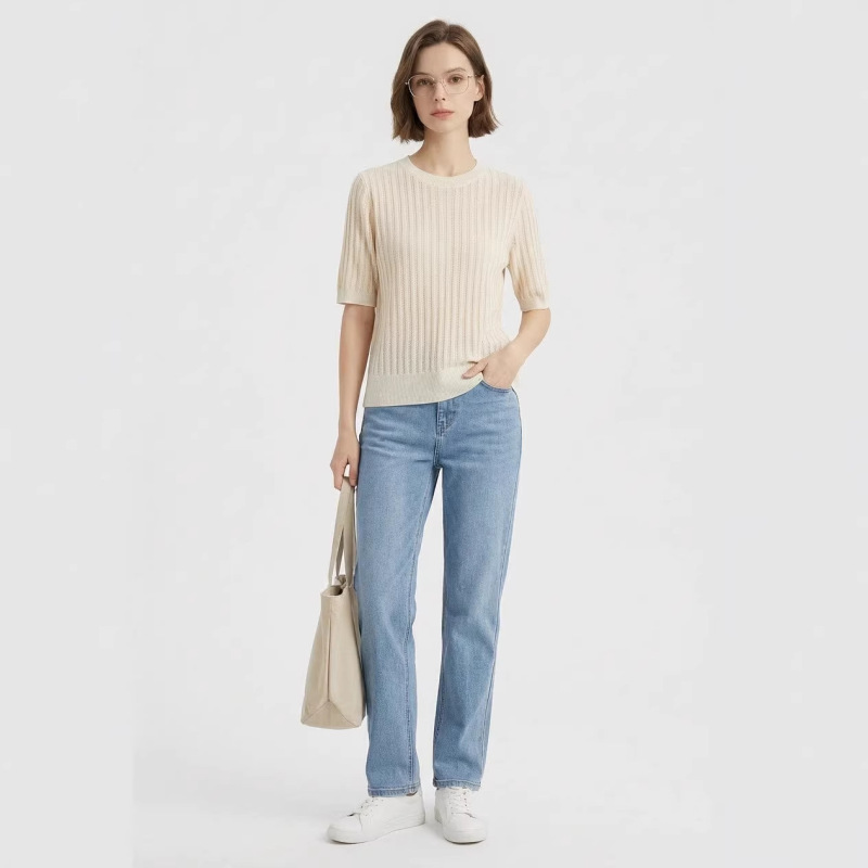 Xiaohe's Same Style Tencel Licorice Silk Cotton Sequin Hollow-Out Knit Top for Women, New Spring/Summer Round Neck Casual Short-Sleeve Shirt