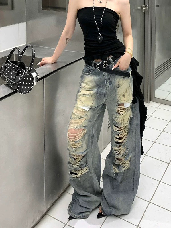 アメリカンホットガールレトロハイストリートリップドジーンズルーズストレートパンツレディース夏ワイドレッグパンツスリムフロアレングスパンツ|undefined