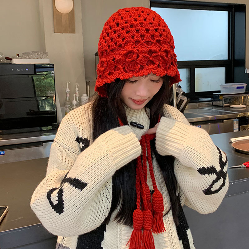 新款秋冬钩花包头帽子女麦穗流苏针织帽时尚文艺套头帽潮流毛线帽|undefined